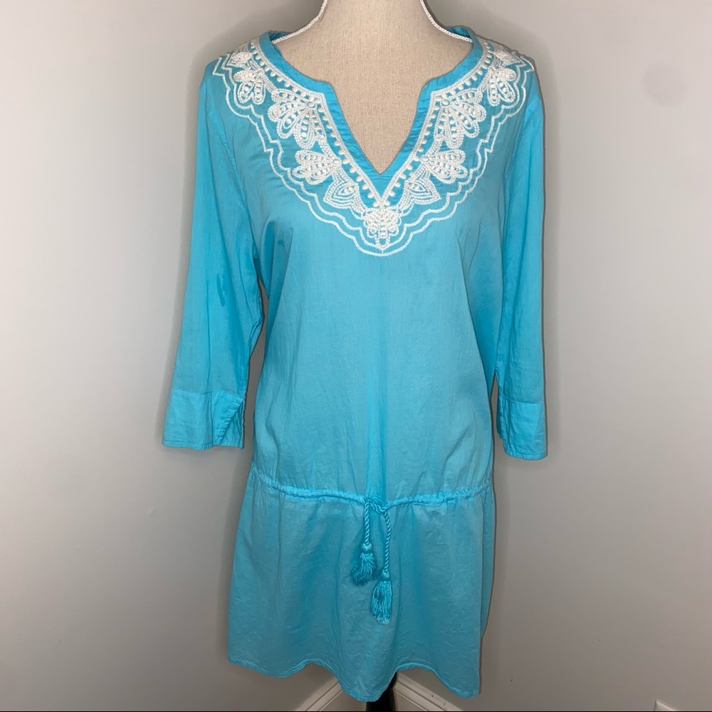 Lands End aqua blue cotton tunic swim cover up dress size Medium 10-12